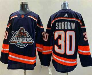 Mens New York Islanders #30 Ilya Sorokin Navy 2022 Reverse Retro Stitched Jersey->new york islanders->NHL Jersey